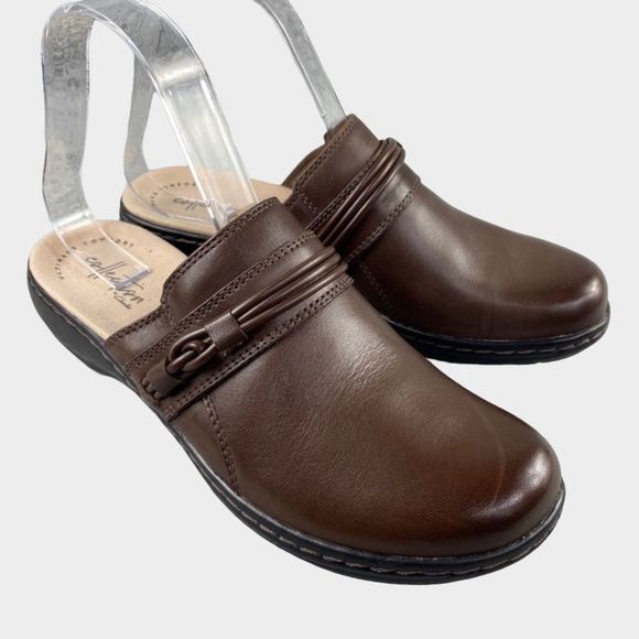Clarks Shoes - Clarkes collection soft Cushion Brown Leather Slide On Mule Clog Shoes Sandals